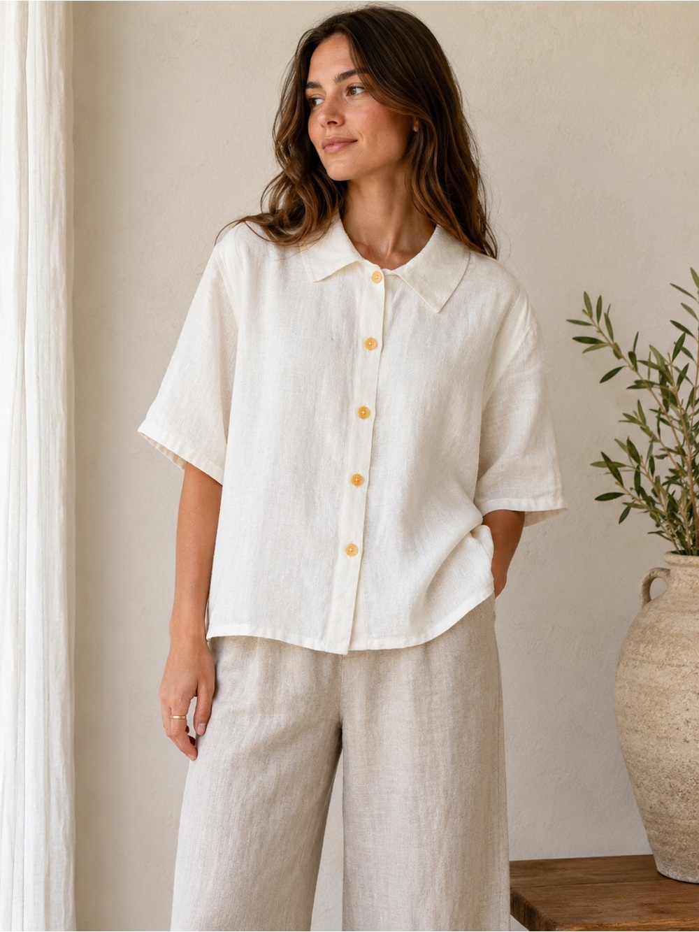 FLAX 100% Linen Button Front Shirt Oversized Ivory Boxy Top Large 90s Summer
